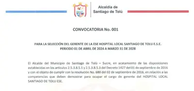 Convocatoria N 001  Selección del Gerente de la ESE Hospital Local Santiago de Tolú